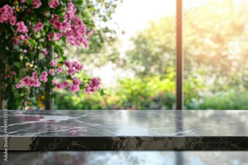 Selective focus.Elegance product display background with marble top on blur big window and fresh garden.copy space , ai