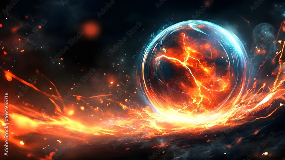 Stunning visual of a glowing orb surrounded by fiery elements, representing cosmic energy and dynamic movement in space. Stunning visual of a glowing orb surrounded by fiery elements, representing cosmic energy and dynamic movement in space.