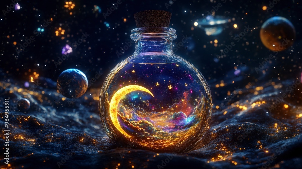 Artistic depiction of a round glass bottle sealed with a cork, showcasing a miniature universe inside. The scene includes floating stars, a crescent moon, and a ringed planet against a dark, starry Artistic depiction of a round glass bottle sealed with a cork, showcasing a miniature universe inside. The scene includes floating stars, a crescent moon, and a ringed planet against a dark, starry