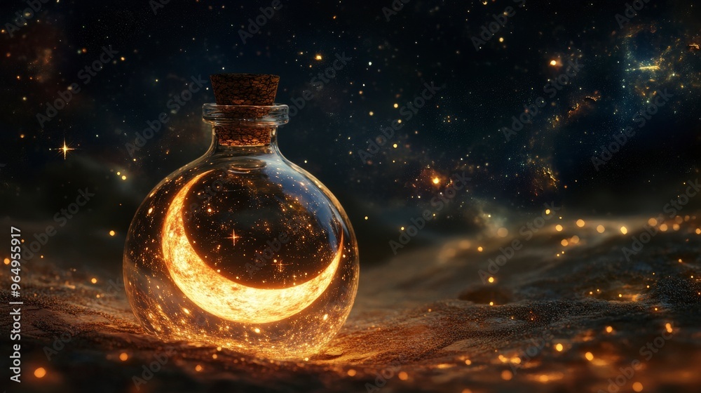 Artistic depiction of a round glass bottle sealed with a cork, showcasing a miniature universe inside. The scene includes floating stars, a crescent moon, and a ringed planet against a dark, starry Artistic depiction of a round glass bottle sealed with a cork, showcasing a miniature universe inside. The scene includes floating stars, a crescent moon, and a ringed planet against a dark, starry