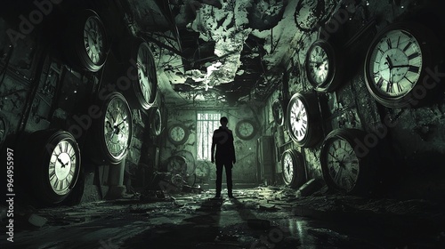 The dimly-lit, eerie room is filled with worn, aged clocks on every wall, each showing different times. The room is in a state of disrepair, with a crumbling ceiling, exposed wires, and scattered debr photo