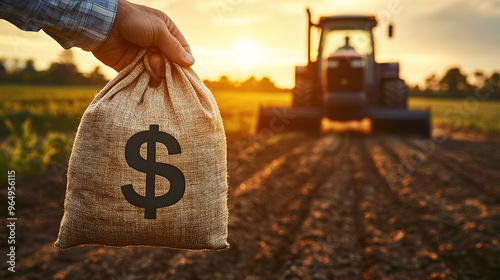 Close-up of a farmer's hand holding a money bag with a dollar sign, against the background of a tractor plowing a field in the sunset light
