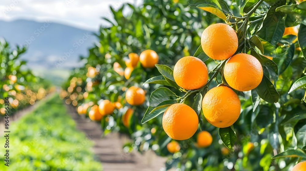 Vibrant citrus orchard with ripe oranges hanging from lush green trees under a bright sky. Vibrant citrus orchard with ripe oranges hanging from lush green trees under a bright sky.