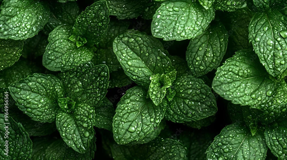 Vibrant green mint leaves with dew drops, showcasing their freshness and texture in a natural, lush setting.