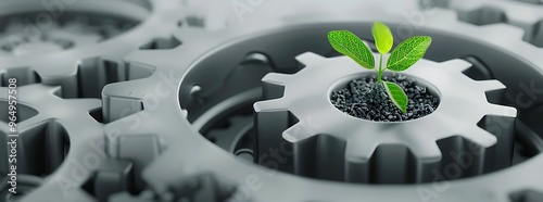 Sustainable Development: Metal gears with little plant on white background.