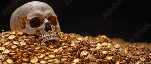 A skeleton rests atop aheap of gold coins, symbolizing treasure and the inevitability of death. A striking, eerie image.