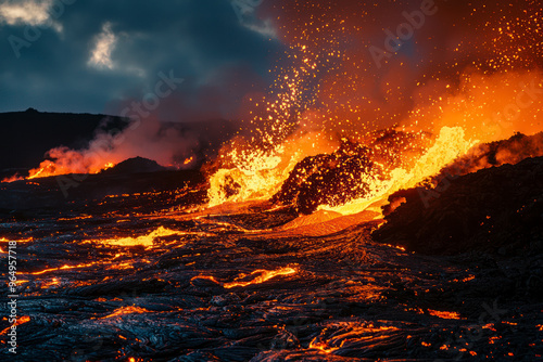 Hiking into the barren lava fields in Hawaii at night shows an active eruption.