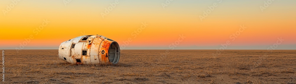 Abandoned spacecraft on a barren landscape under a stunning sunset, evoking themes of exploration and solitude. Abandoned spacecraft on a barren landscape under a stunning sunset, evoking themes of exploration and solitude.