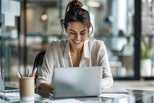 Happy busy mature business woman entrepreneur in office using laptop at work, smiling professional middle aged female company executive manager working looking at computer at workplace.