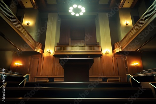 Interior of a Wooden-Paneled Hall with Balconies and a Stage photo