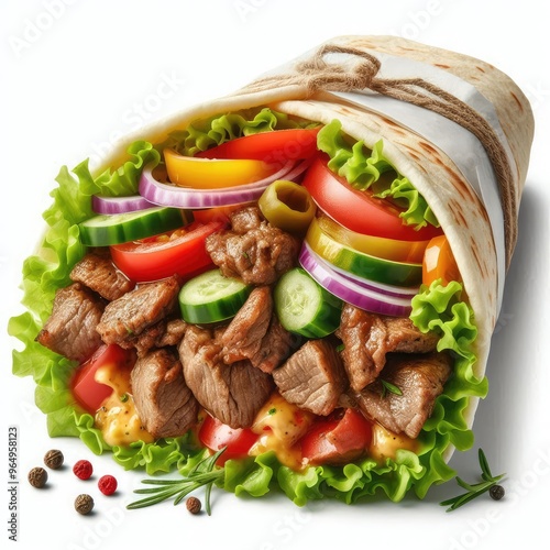 Close up of kebab sandwich isolated on white background photo