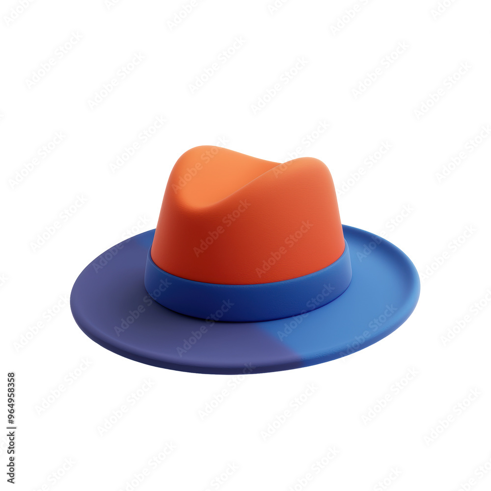 A hat with a blue and orange band sits on a white background A hat with a blue and orange band sits on a white background
