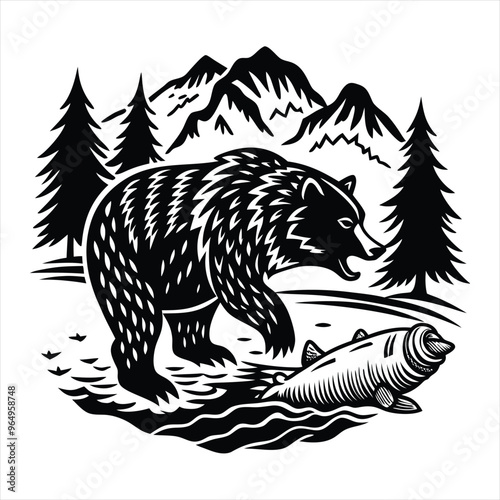 Black Silhouette of a Bear Catching Fish in a Flowing River Stream Detailed Vector Illustration on a White Background