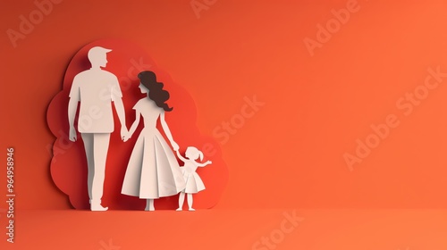 Minimalistic paper cutout family scene of parents and child on an orange background, symbolizing unity and love. photo