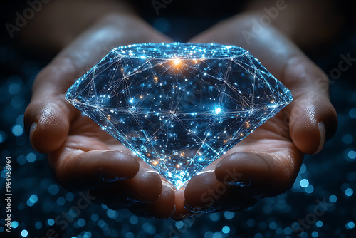 hand holding diamond in wireframe style on blue background