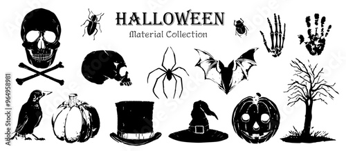 ハロウィンのビンテージなイラストセット/ベクター、アンティーク、アイコン、手描き、飾り、おしゃれ