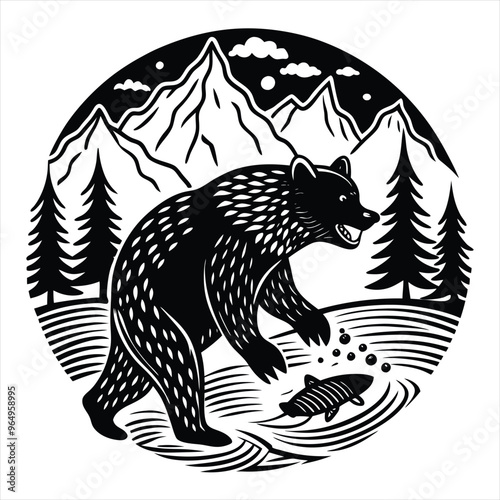 Black Silhouette of a Bear Catching Fish in a Flowing River Stream Detailed Vector Illustration on a White Background