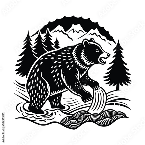 Black Silhouette of a Bear Catching Fish in a Flowing River Stream Detailed Vector Illustration on a White Background