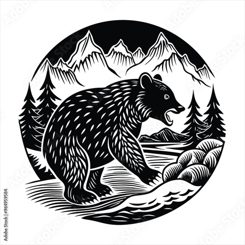 Black Silhouette of a Bear Catching Fish in a Flowing River Stream Detailed Vector Illustration on a White Background