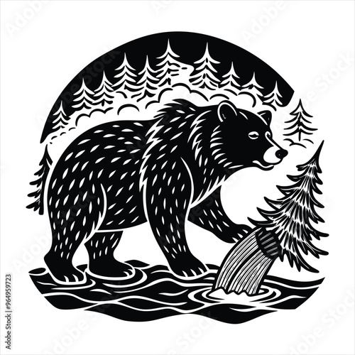 Black Silhouette of a Bear Catching Fish in a Flowing River Stream Detailed Vector Illustration on a White Background