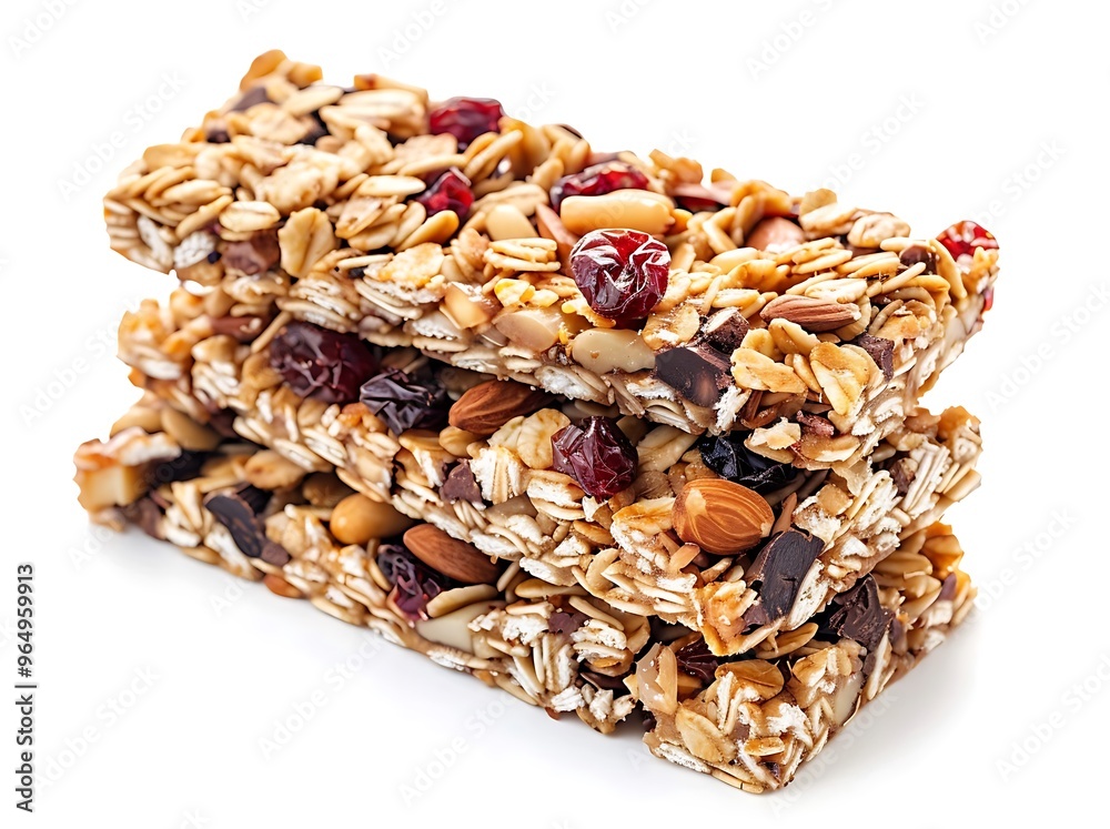 Stack of Homemade Granola Bars with Nuts, Dried Fruits, and Chocolate Chips on White Background Stack of Homemade Granola Bars with Nuts, Dried Fruits, and Chocolate Chips on White Background