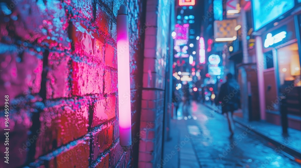 Neon Light in Urban Alleyway with Brick Wall and Blurred Cityscape