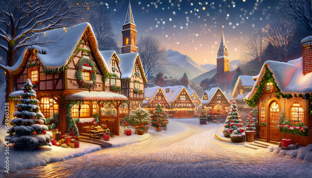 Traditional Christmas scene in the village, decorations and gingerbread cookies Traditional Christmas scene in the village, decorations and gingerbread cookies