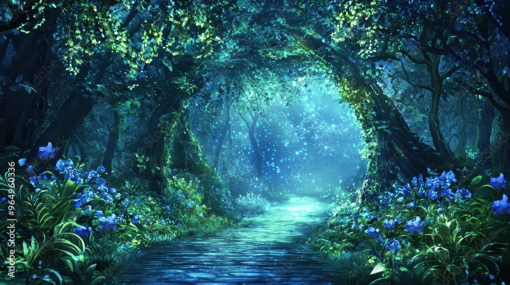 Fototapeta premium Enchanted Forest Path with Blue Flowers and Glowing Lights