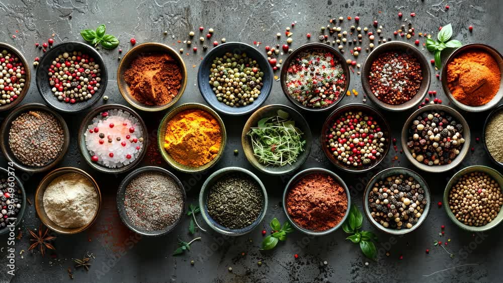 Exploring a vibrant array of spices arranged in bowls with herbs on a textured surface Exploring a vibrant array of spices arranged in bowls with herbs on a textured surface