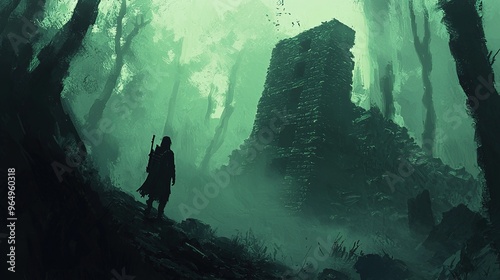 A moody and atmospheric digital painting depicts a lone figure standing on a forest path, looking towards a dilapidated stone tower. The surrounding scenery is shrouded in a misty, greenish hue, givin photo