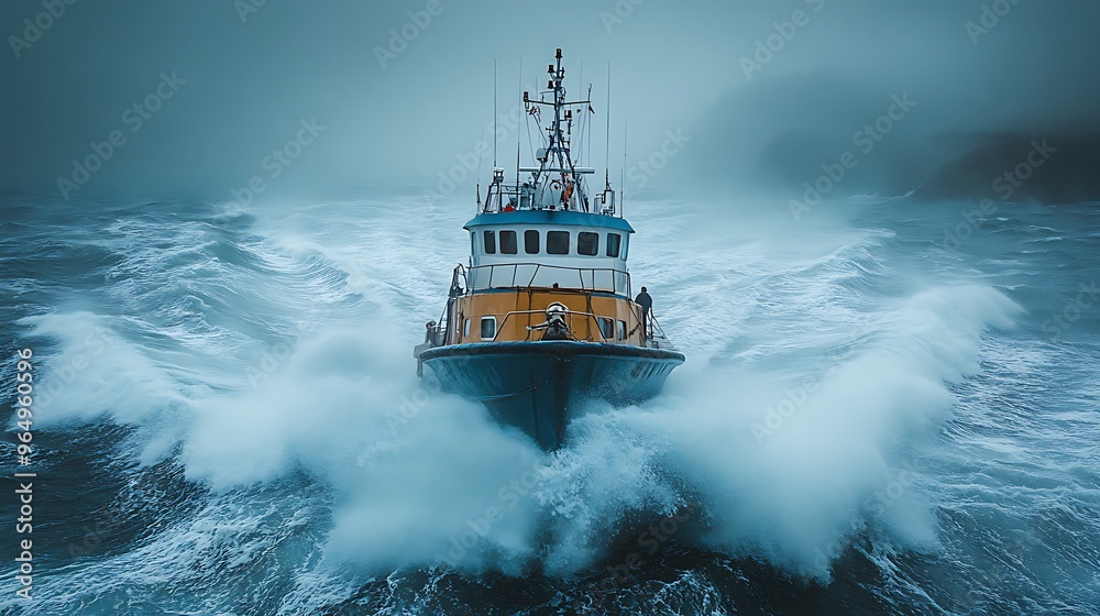 A small boat braves the rough seas, battling large waves and a stormy sky. A small boat braves the rough seas, battling large waves and a stormy sky.