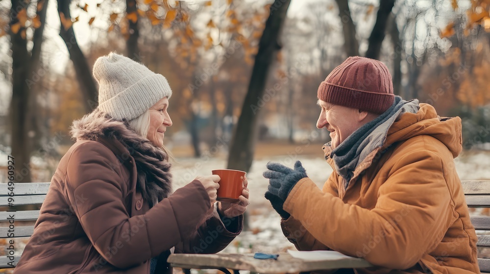 Fototapeta premium A senior couple enjoys a warm drink on a chilly autumn day.