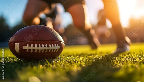 American Football Kickoff Game Start. Close-up Shot of an American Ball Standing on a Grass Field Held by Professional Player. Preparation for Championship. photo