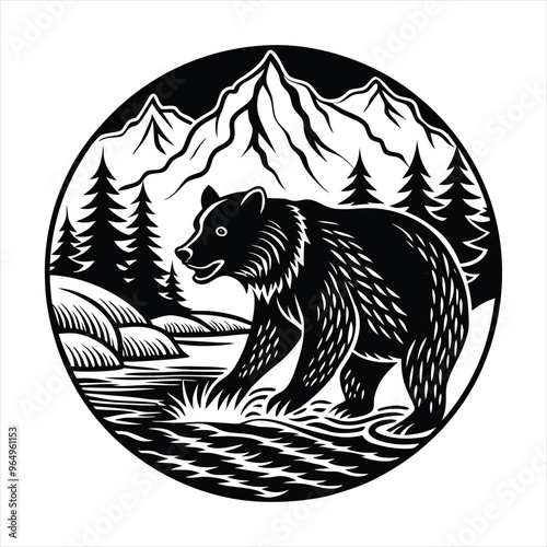 Black Silhouette of a Bear Catching Fish in a Flowing River Stream Detailed Vector Illustration on a White Background