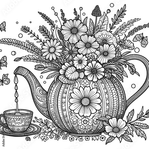 Teapot with flower coloring page 