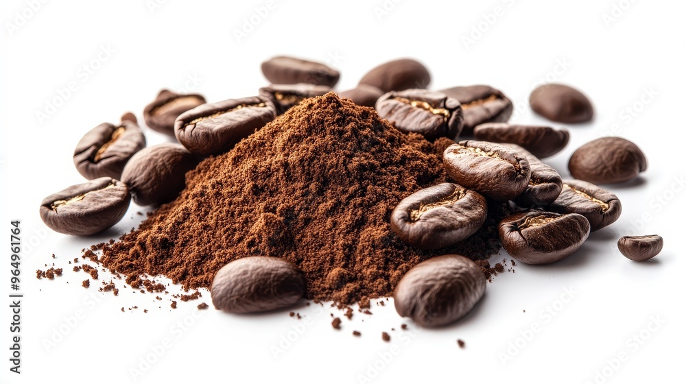 Obraz premium Fresh Coffee Powder with Scattered Beans on White Background - High Resolution Image with Clipping Path