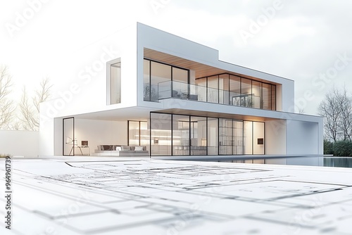 Architect's drawing of a house with plan. Construction site. Design and construction concept.