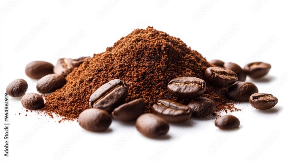 Fresh Coffee Powder with Scattered Beans on White Background - High-Resolution Image with Clipping Path Fresh Coffee Powder with Scattered Beans on White Background - High-Resolution Image with Clipping Path