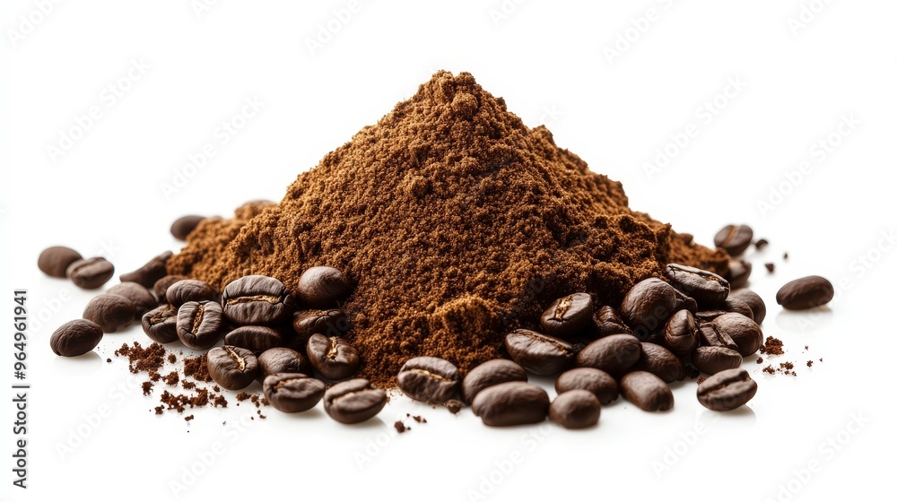 Rich Coffee Powder with Scattered Beans on White Background - High Quality Image with Clipping Path Rich Coffee Powder with Scattered Beans on White Background - High Quality Image with Clipping Path