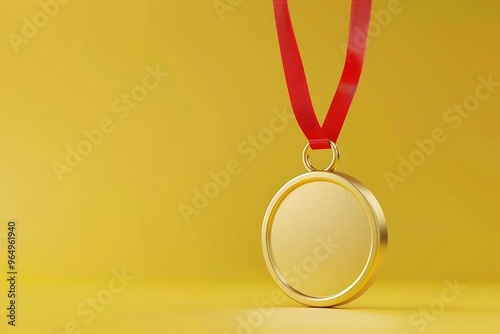 Gold medal with ribbon. sports achievement, Isolated on yellow background