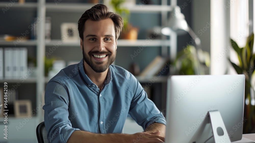 Naklejka premium Professional Smiling Man Working on Computer in Modern Office Environment