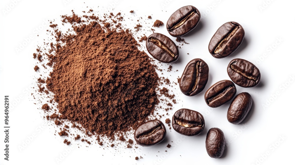 Fresh Coffee Powder and Beans with Clipping Path on White Background, Rich Textures and Colors Composition Fresh Coffee Powder and Beans with Clipping Path on White Background, Rich Textures and Colors Composition