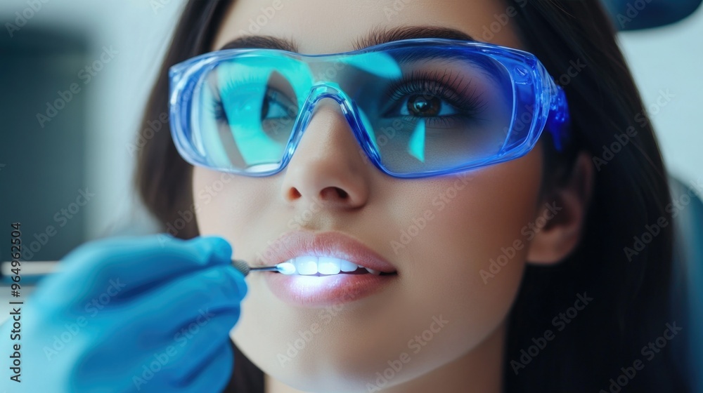 Girl in dental glasses during teeth whitening procedure. Girl in dental glasses during teeth whitening procedure.