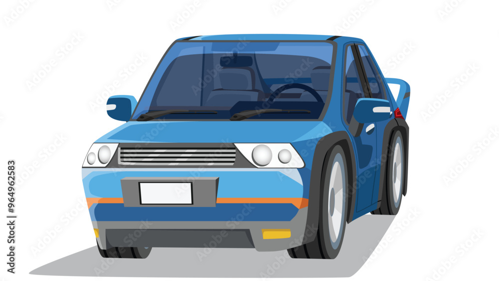 Naklejka premium Objec perspective design of classic sport car blue color. Inside with interior can see console and seat of car. Shadow and isolated white background.