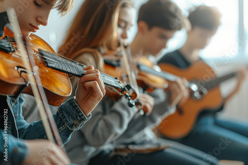 A music class with students playing instruments, harmonizing together to create something beautiful. Concept of creativity. Generative Ai.