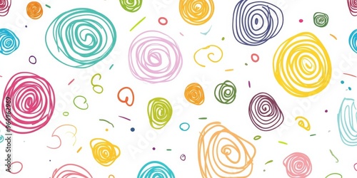 Colorful Line Doodle Pattern Featuring Swirls and Spirals on a White Background. 