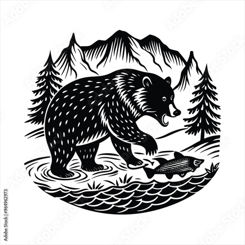 Black Silhouette of a Bear Catching Fish in a Flowing River Stream Detailed Vector Illustration on a White Background
