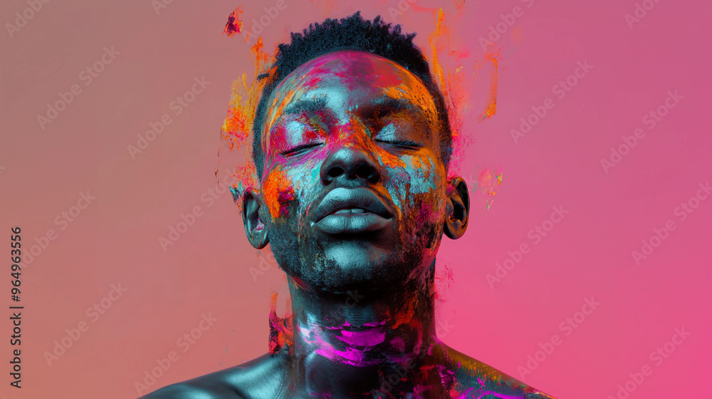 A man with eyes closed splash paint on face contemplating life feeling of euphoria and calm A man with eyes closed splash paint on face contemplating life feeling of euphoria and calm