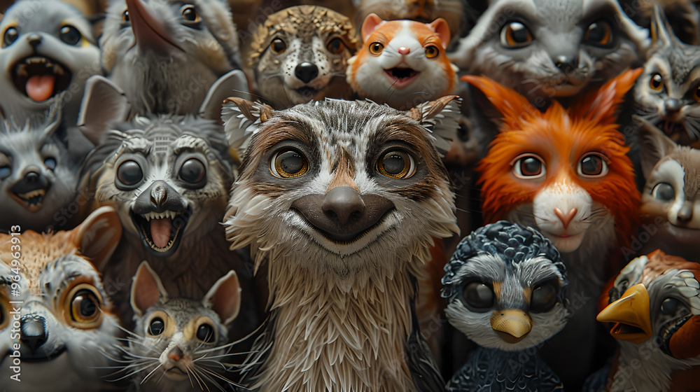 Celebrate the beauty of nature with a close-up of 3D cute animals, all smiling and looking straight at the camera. Creative animal concept. Celebrate the beauty of nature with a close-up of 3D cute animals, all smiling and looking straight at the camera. Creative animal concept.