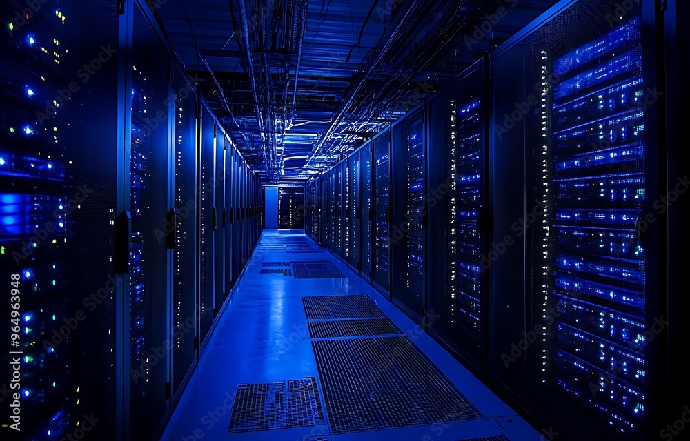 Modern Data Technology Center Server Racks in Dark Room with VFX. Visualization Concept of Internet of Things, Data Flow, Digitalization of Internet Traffic. Complex Electric Equipment Warehouse. Modern Data Technology Center Server Racks in Dark Room with VFX. Visualization Concept of Internet of Things, Data Flow, Digitalization of Internet Traffic. Complex Electric Equipment Warehouse.